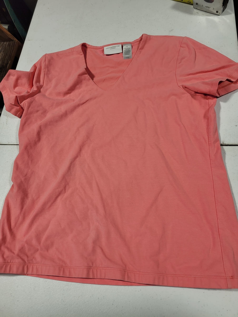 Liz Claiborne Coral V-Neck Short Sleeve Tee - Solid Coral